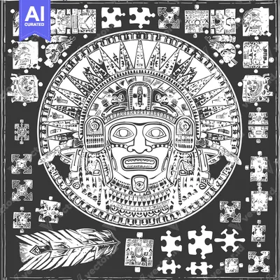 Aset premium populer: Aztec Deity Face with Puzzle Pieces and Feathers