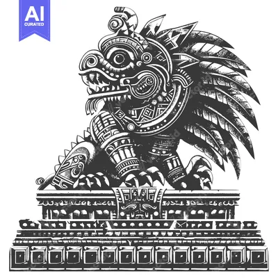 Aset desain premium: Aztec Deity with Claws on Platform, Detailed Black and White Illustrat