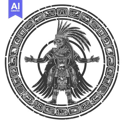 Premium design asset: Aztec Deity with Feathered Headdress and Wings in a Circular Frame