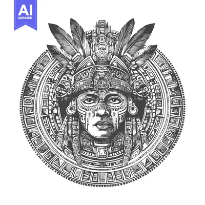 Premium design asset: Aztec Deity with Ornate Headdress and Feather Decoration