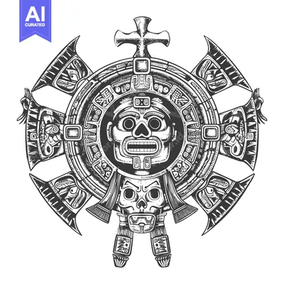 Aset desain premium: Aztec Deity with Skull and Cross Symbol in Ornate Frame