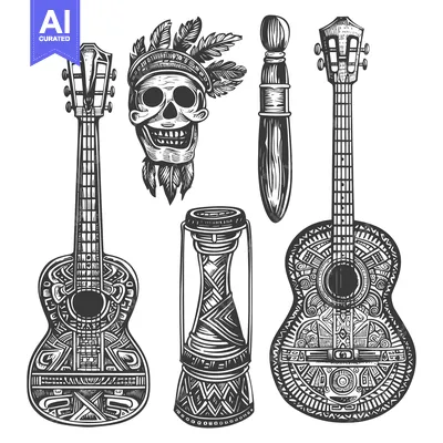 Aset premium populer: Aztec Design Elements with a Guitar, Drum, Skull, and Brush