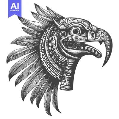 Aset desain premium: Aztec Eagle Head with Feathered Crest and Geometric Patterns