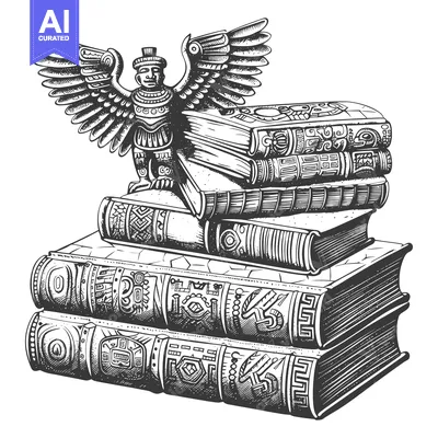 Aset desain premium: Aztec Eagle Statue on Top of Stack of Ancient Books