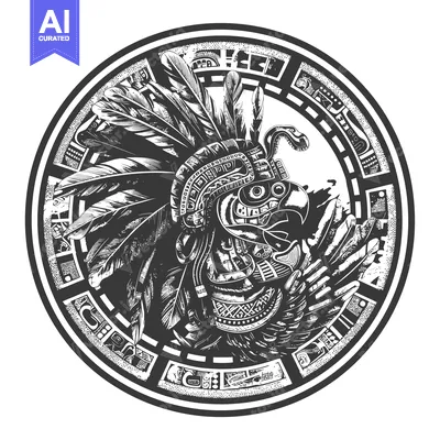 Aset desain premium: Aztec Eagle Warrior Head in a Circular Frame with Ornate Designs