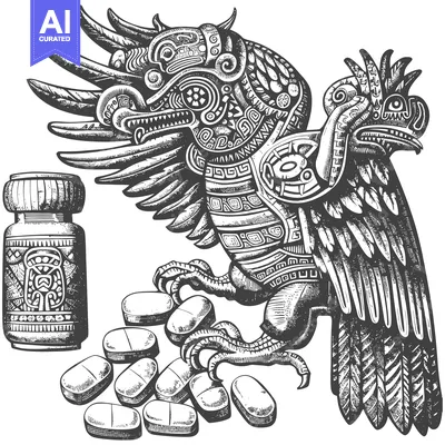 Aset desain premium: Aztec Eagle With Pills And Bottle