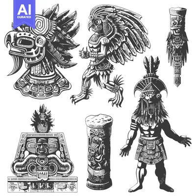 Aset desain premium: Aztec God and Warrior Figures with Traditional Patterns and Carvings