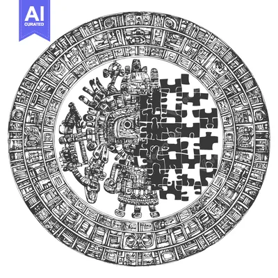Premium design asset: Aztec God Figure with Circular Pattern and Puzzle Pieces