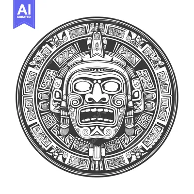 Aset desain premium: Aztec God Mask in Ornate Circular Frame