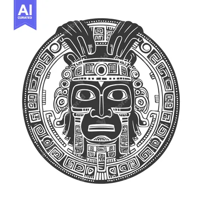 Aset desain premium: Aztec God Mask with Intricate Geometric Patterns