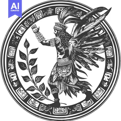 Aset premium populer: Aztec God Quetzalcoatl in Circular Frame with Feathers and Glyphs