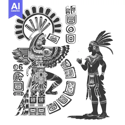 Aset desain premium: Aztec God Quetzalcoatl With a Man in Traditional Clothing