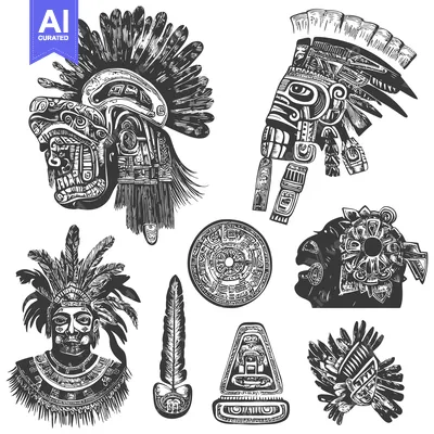 Aset premium populer: Aztec Gods and Symbols in Monochrome Graphic Design