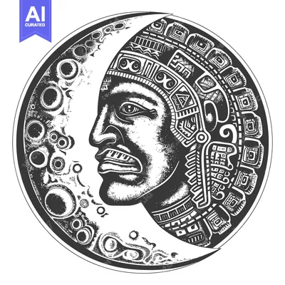 Aset desain premium: Aztec God's Face in a Crescent Moon with Intricate Patterns