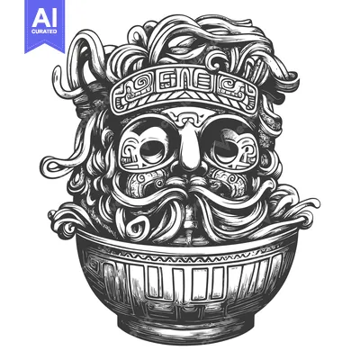 Aset desain premium: Aztec God's Head with Noodles in a Bowl