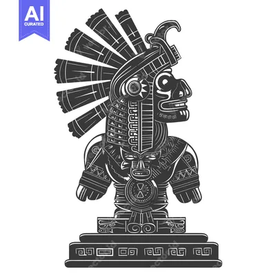 Aset desain premium: Aztec God Statue with Feathered Headdress and Geometric Design