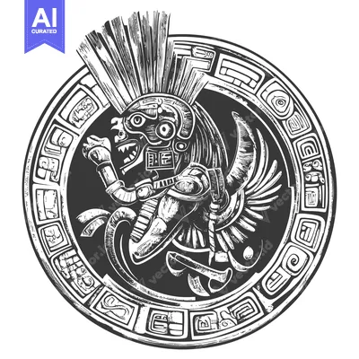 Aset desain premium: Aztec God with Feathered Headdress and Intricate Border Design
