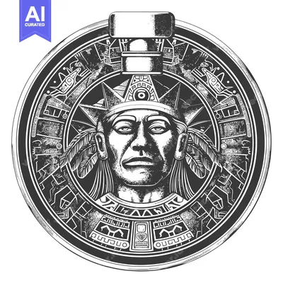 Aset desain premium: Aztec God with Feathered Headdress Inside a Circular Design