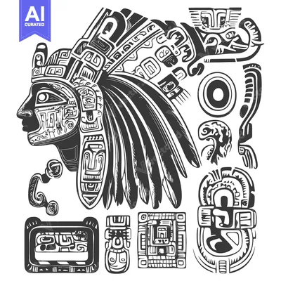 Premium design asset: Aztec Indigenous Person with Feathers and Geometric Designs