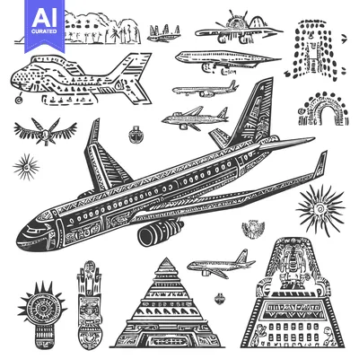 Premium design asset: Aztec-Inspired Airplane and Ancient Mayan Architecture Artwork