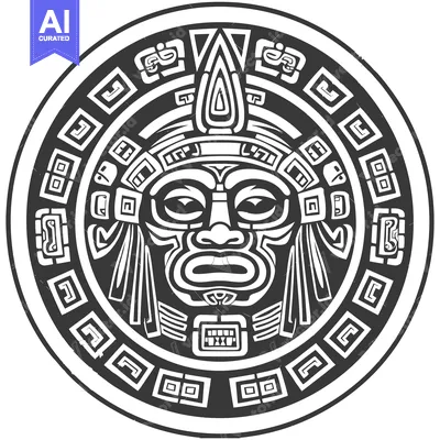 Premium design asset: Aztec-Inspired Black and White Circular Design Featuring a Human Face
