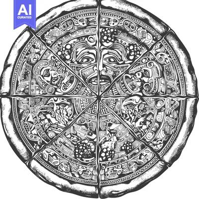 Aset desain premium: Aztec-Inspired Circular Design with Human Faces and Intricate Patterns