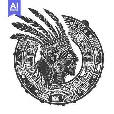 Premium design asset: Aztec Inspired Design Featuring a Profile Portrait with Feathers and a