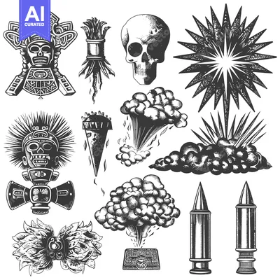 Aset premium populer: Aztec-Inspired Illustrations Featuring Explosions, Skulls, and Rituali