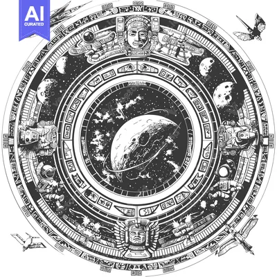 Aset premium populer: Aztec-Inspired Space Exploration Design with Celestial Bodies and Astr