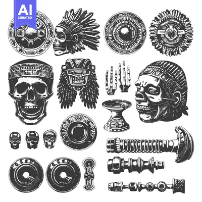 Aset premium populer: Aztec-Inspired Tribal Artwork with Skulls, Feathers, and Ornate Design