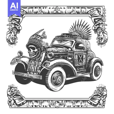 Aset desain premium: Aztec-Inspired Vintage Car with Skull and Feathers