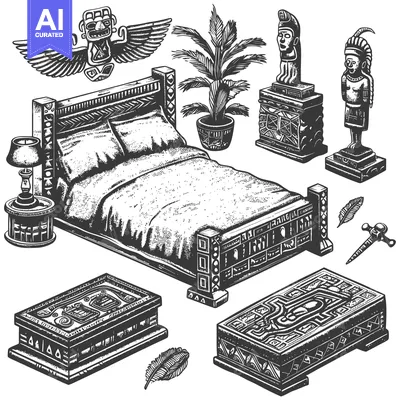 Premium design asset: Aztec Interior Design Elements with Bed and Statues