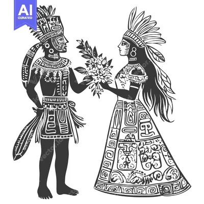 Aset desain premium: Aztec Man and Woman in Traditional Dress Offering Flowers