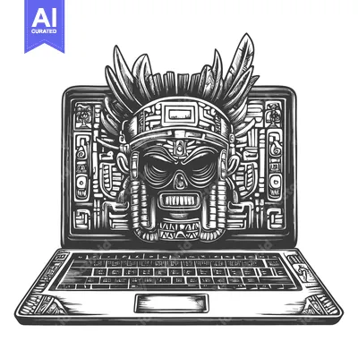 Premium design asset: Aztec Mask Emerging from Laptop Screen