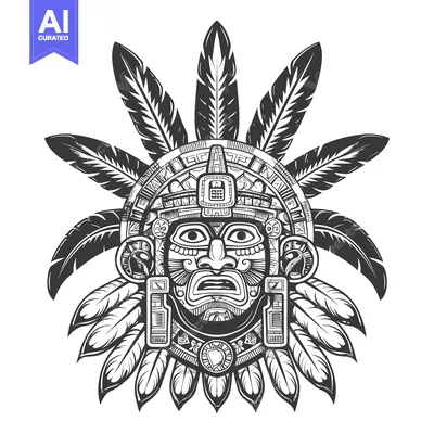 Aset desain premium: Aztec Mask With Detailed Feathers and Geometric Designs