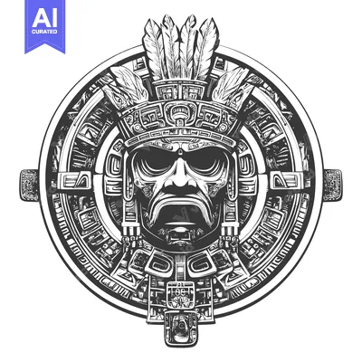 Aset desain premium: Aztec Mask with Feathers and Geometric Designs