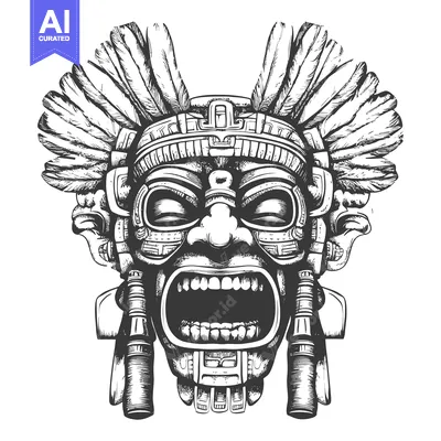 Aset desain premium: Aztec Mask with Feathers and Geometric Patterns