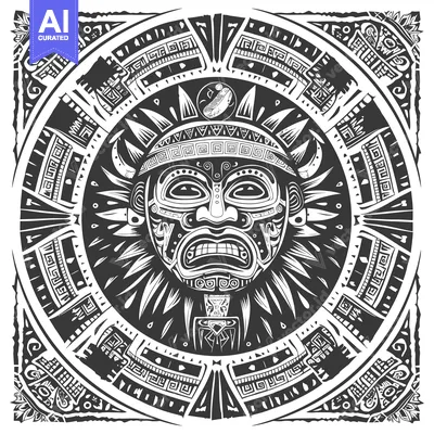Aset premium populer: Aztec Mask with Geometric Pattern and Sunburst Design