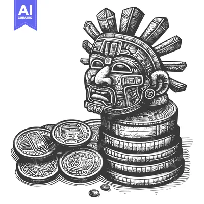 Aset desain premium: Aztec Mask with Stack of Ornate Coins