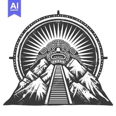 Premium design asset: Aztec Mask with Stairway in Mountains and Sunburst