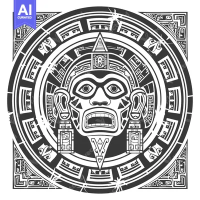 Aset premium populer: Aztec Mayan Style Tribal Mask in Circular Frame with Geometric Pattern