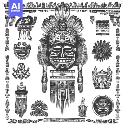 Premium design asset: Aztec Mayan Tribal Ritualistic Mask and Ornamental Symbols