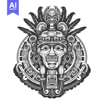 Premium design asset: Aztec  or Mayan  God  with  Feathers  and  Geometric  Patterns