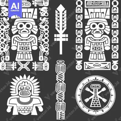 Aset desain premium: Aztec or Mayan style glyphs and figures in a black and white design