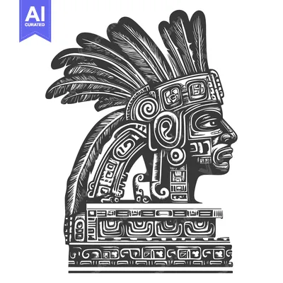 Aset desain premium: Aztec  Profile Portrait With Elaborate Headwear and Geometric Patterns
