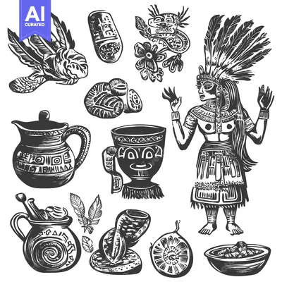 Aset desain premium: Aztec Shaman with Traditional Ritual Items and Decorations