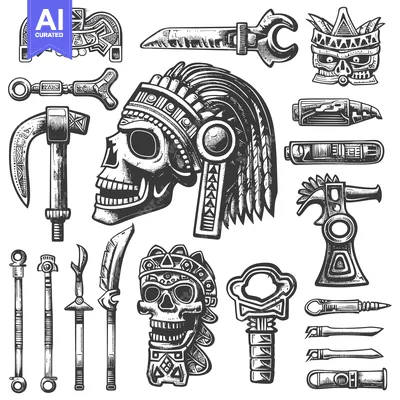 Premium design asset: Aztec Skull and Weaponry Illustration