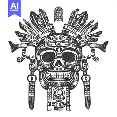 Aset premium populer: Aztec Skull Mask with Ornate Design and Feathers