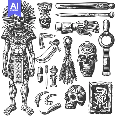 Aset premium populer: Aztec Skull Warrior with Weapons and Artifacts
