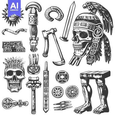 Aset premium populer: Aztec Skull, Weapons, and Ornaments Illustration